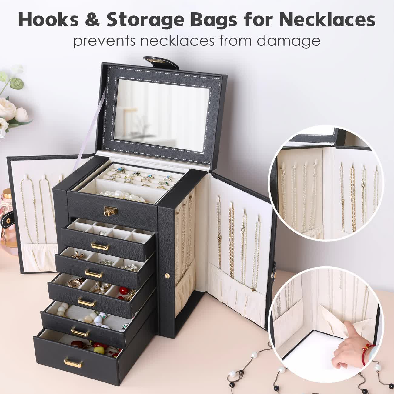 Women's Multi-functional Jewelry Box: Built-in Mirror, Multi-layer Drawer Storage, Side Hooks to Prevent Tangling and Protect Accessories.White - Image 5
