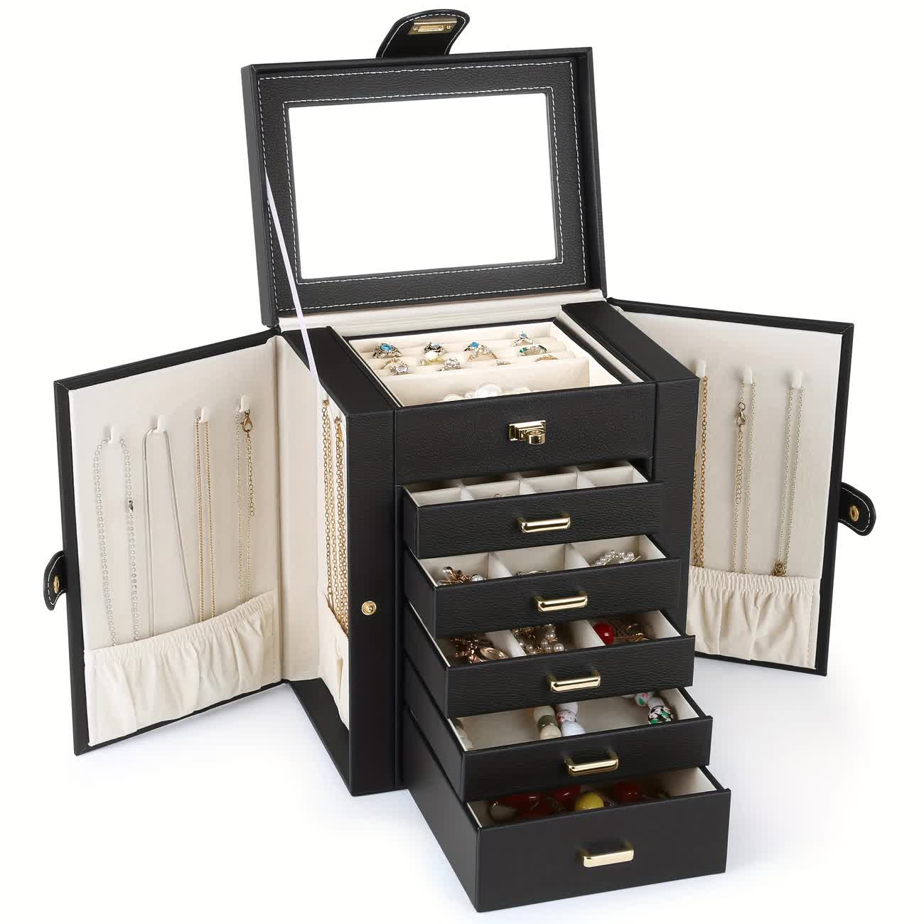 Women's Multi-functional Jewelry Box: Built-in Mirror, Multi-layer Drawer Storage, Side Hooks to Prevent Tangling and Protect Accessories.White - Image 8