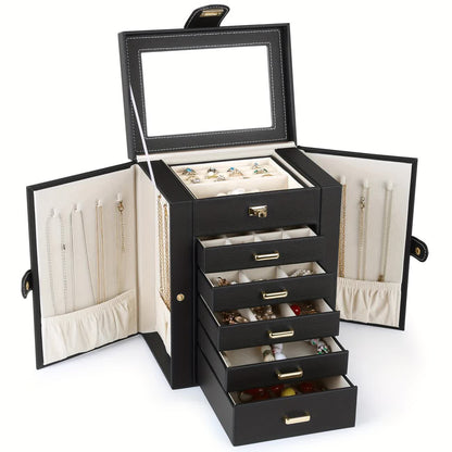 Women's Multi-functional Jewelry Box: Built-in Mirror, Multi-layer Drawer Storage, Side Hooks to Prevent Tangling and Protect Accessories.White - Image 8