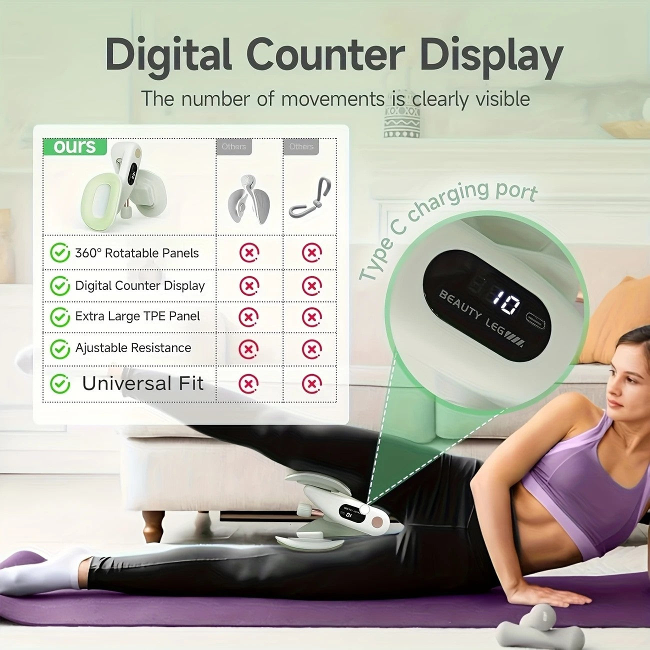 Smart Counting Buttocks and Leg Trainer. Adjustable resistance for precise activation of glute and inner thigh muscles. Features anti-slip design—your essential home fitness tool for body shaping, effortlessly tracking workout repetitions.（GREEN) - Image 5