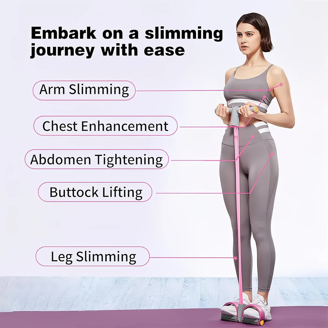 Home-use six-tube resistance band with non-slip pedals and quiet rebound. Targets multiple muscle groups for full-body fat burning, shaping, and stretching. Portable and suitable for all.PINK - Image 4