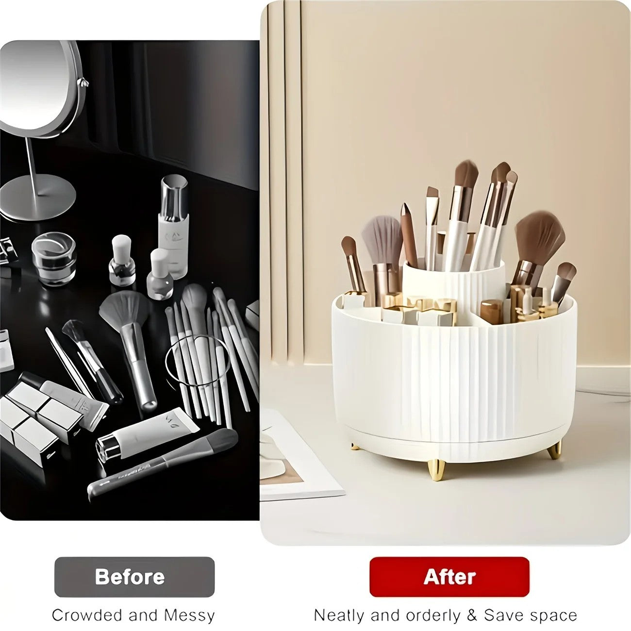 Black 360-Degree Rotating Cosmetic Organizer – 1 Plastic Makeup Storage Box with 5 Compartments – Multi-Purpose Holder for Brushes, Lipsticks, Skincare Products, and Stationery – Durable Odor-Free Desktop Storage Container with Luxurious Stripe Design - Image 4