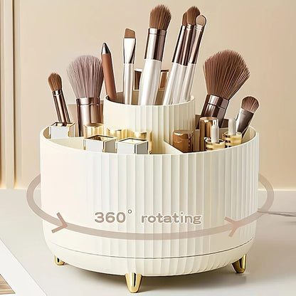 Pink 360-Degree Rotating Cosmetic Organizer – 1 Plastic Makeup Storage Box with 5 Compartments – Multi-Purpose Holder for Brushes, Lipsticks, Skincare Products, and Stationery – Durable Odor-Free Desktop Storage Container with Luxurious Stripe Design - Image 9