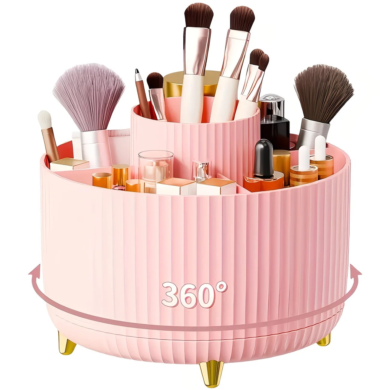 Green 360-Degree Rotating Cosmetic Organizer – 1 Plastic Makeup Storage Box with 5 Compartments – Multi-Purpose Holder for Brushes, Lipsticks, Skincare Products, and Stationery – Durable Odor-Free Desktop Storage Container with Luxurious Stripe Design - Image 9