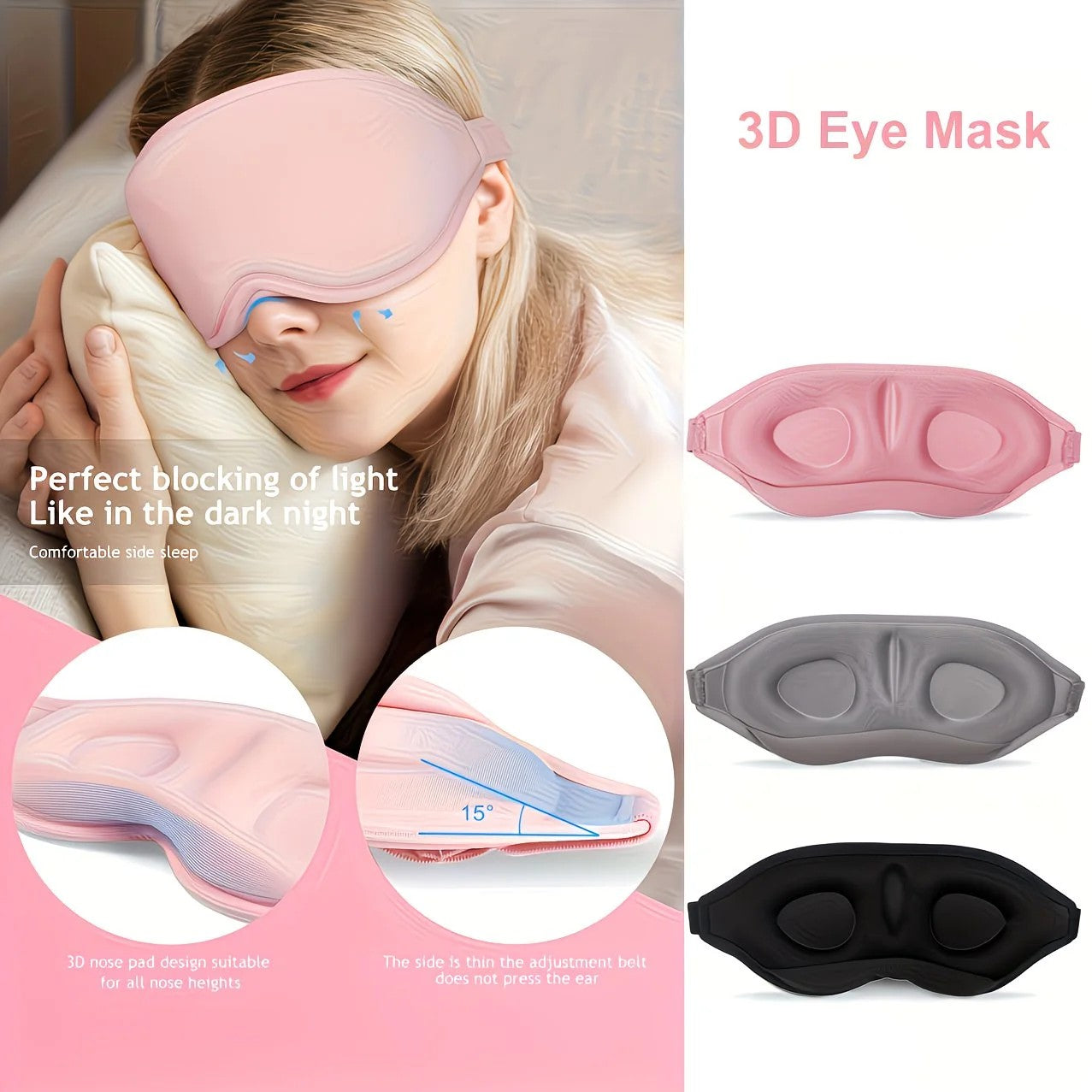 3PCS 3D Sleep Mask with Nose Rest, Designed for Side Sleepers, Total Blackout 3D Sleep Mask, Unisex, Night Eye Cover, Soft & Breathable Eye Mask, Zero-Pressure Relaxing Sleep Mask for Night Use (Black) - Image 2