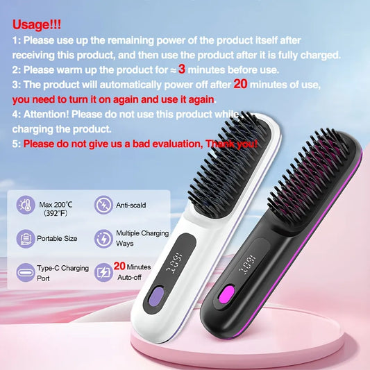 Wireless Hair Straightening Brush, Fast Heating, Women's Exclusive Styling Brush, Portable and Lightweight, Type-C Charging Port, Heat-Proof Design, USB Rechargeable.WHITE - Image 3