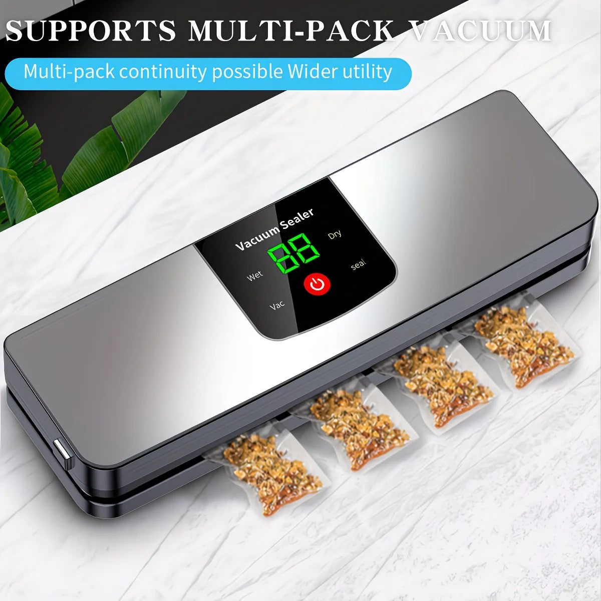 silver Rechargeable Vacuum Sealer with USB Port, designed for preserving food in both dry and wet environments, equipped with an LED screen, ideal for travel and camping. - Image 2
