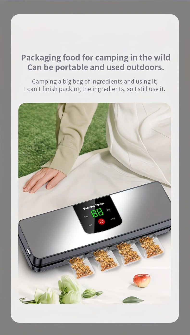 silver Rechargeable Vacuum Sealer with USB Port, designed for preserving food in both dry and wet environments, equipped with an LED screen, ideal for travel and camping. - Image 3