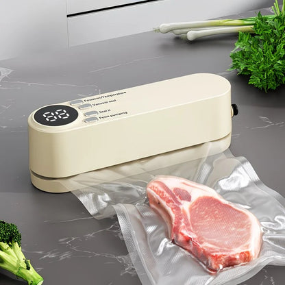 beige.USB Rechargeable Portable Vacuum Sealer, includes sealing bags and a rapid vacuum pump. Space-saving design, suitable for vacuum packing snacks, meat, fruits, and vegetables for food preservation. - Image 3