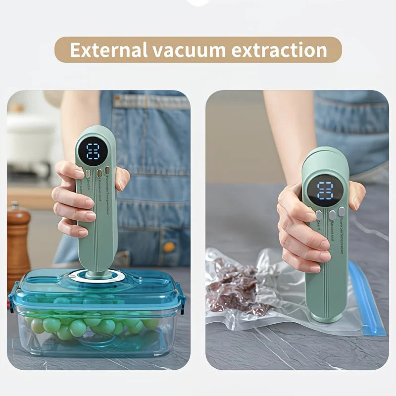 beige.USB Rechargeable Portable Vacuum Sealer, includes sealing bags and a rapid vacuum pump. Space-saving design, suitable for vacuum packing snacks, meat, fruits, and vegetables for food preservation. - Image 7