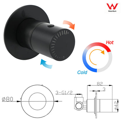 Watermark Matt Black Round Bath Shower Mixer Hot Cold Tap Valve Turn No Handle - Image 2