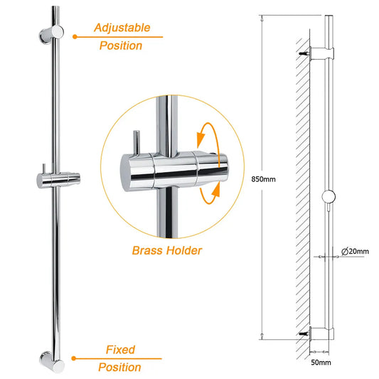 Strong Brass Chrome Round 850mm Long Sliding Rail Bar Holder For Handheld Shower - Image 2