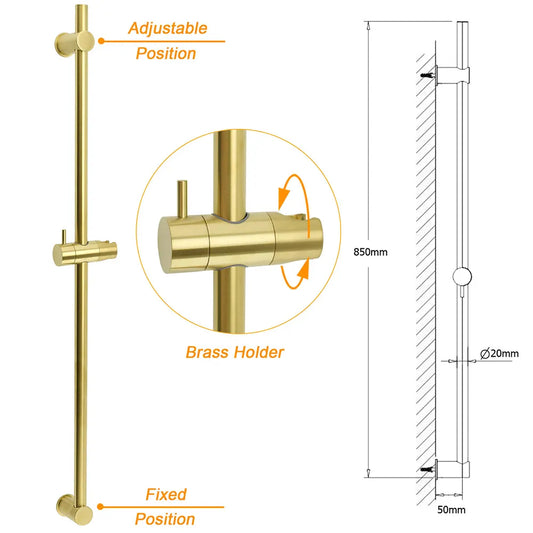 Brushed Gold Brass 850mm Long Sliding Rail Bar Swivel Handheld Shower Holder Kit - Image 2