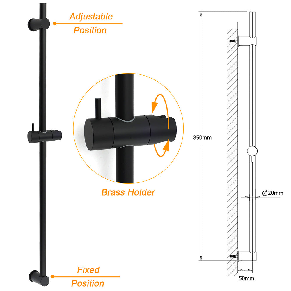 Matt Black Solid Brass 850mm Long Sliding Rail Bar Swivel Handheld Shower Holder - Image 2