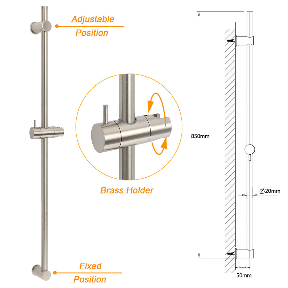 Solid Brass Brushed Nickel Long Sliding Rail Bar Swivel Handheld Shower Holder - Image 2