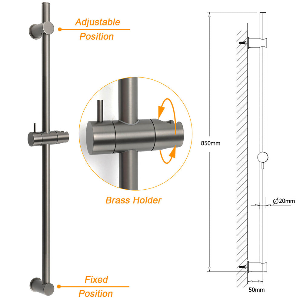 Gun Metal Grey Brass 850mm Long Sliding Rail Bar Swivel Handheld Shower Holder Bracket - Image 2