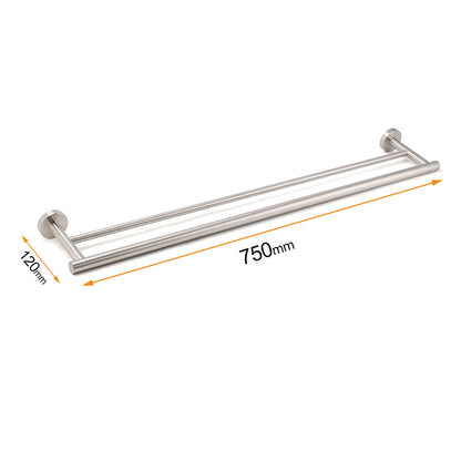 Brushed Nickel 750mm Double Towel Rack Rail Holder Round Hanger Bar Wall Mounted - Image 2