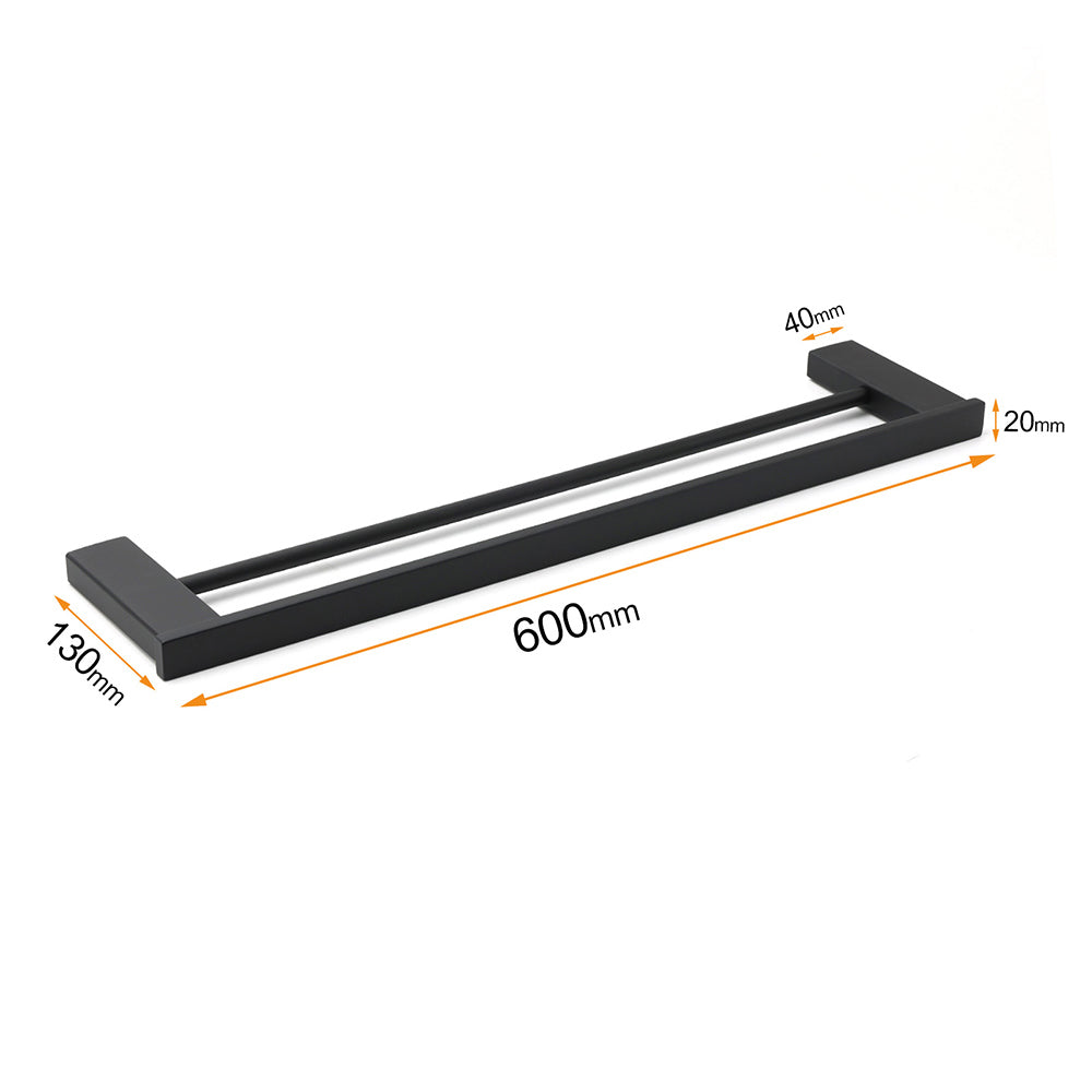 Matt Black Cubic Square 600mm Double Towel Rail Rack Hanger Holder Bar Wall Kit - Image 2