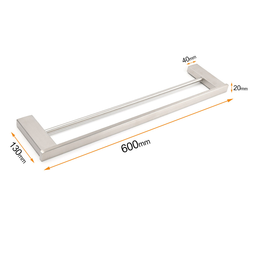 Brushed Nickel Square Towel Rail Rack 600mm Double Hanger Holder Bar Bathroom - Image 2