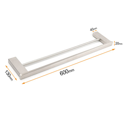 Brushed Nickel Square Towel Rail Rack 600mm Double Hanger Holder Bar Bathroom - Image 2