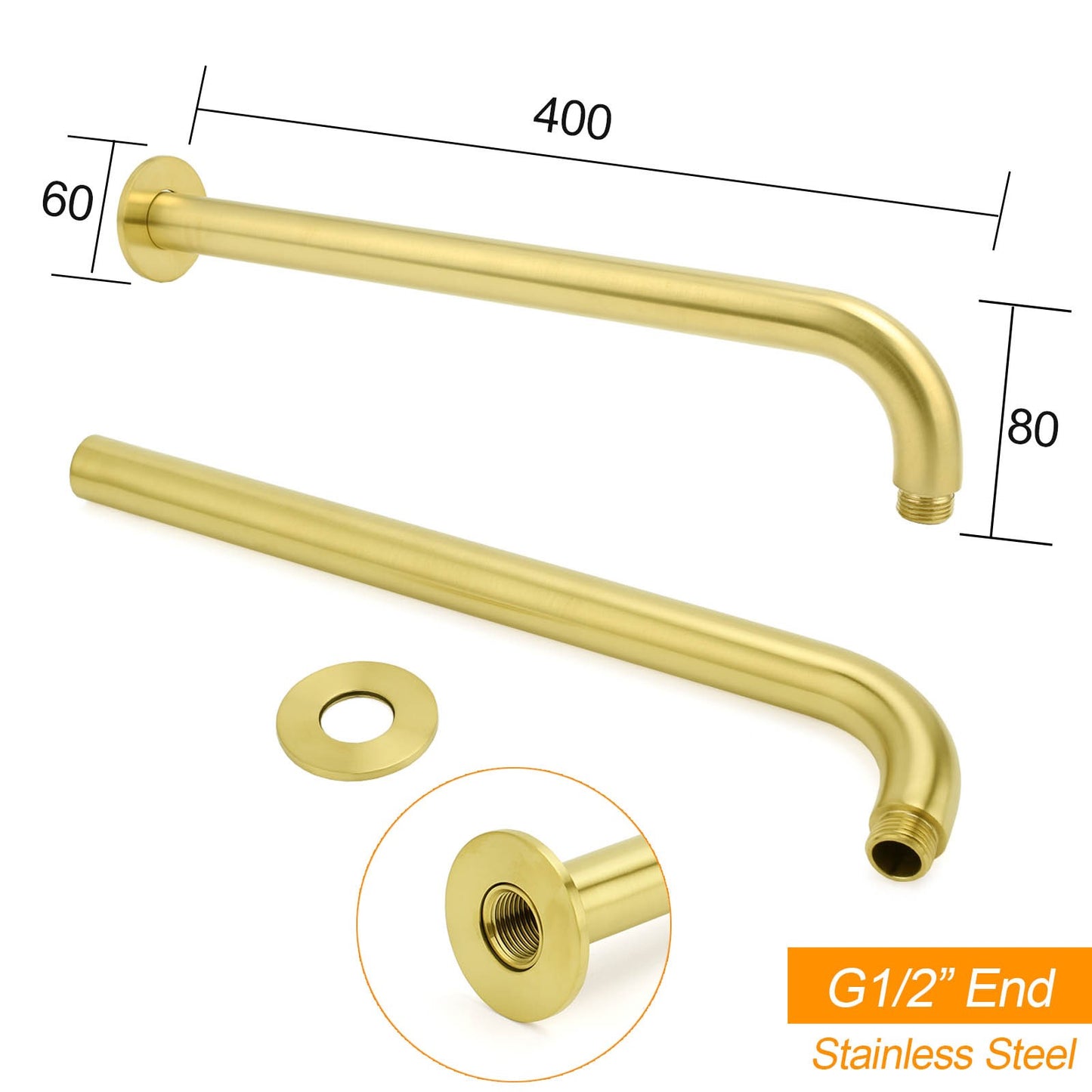 PVD Brushed Gold 12" Shower Rain Head 355mm Straight Wall Mount Arm Bathroom Set - Image 4
