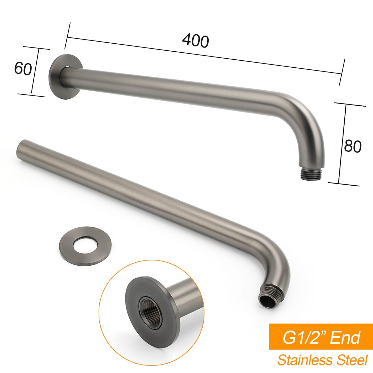 WELS Gun Metal Round 8" Rain Shower Head 400mm Straight Wall Mounted Arm Bath Set - Image 3