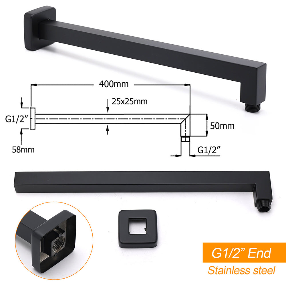 Matt Black Square 8" Rainfall Shower Head & 400mm Brass Straight Wall Mount Arm Set - Image 2