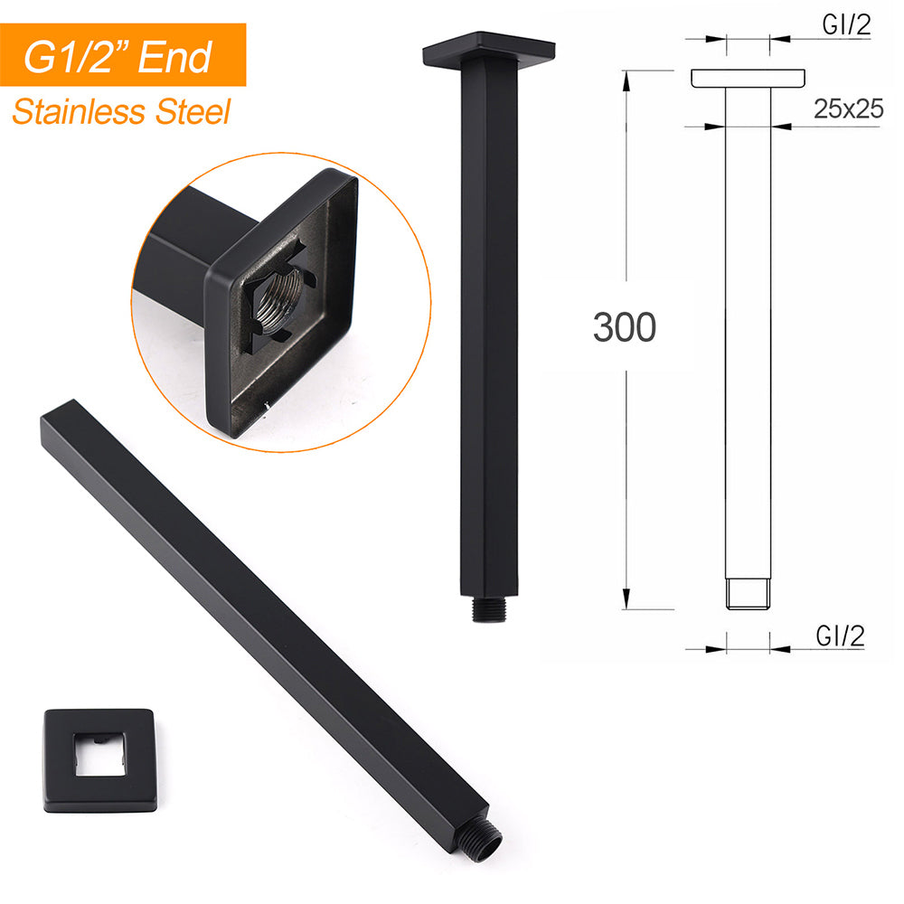 Matt Black 16" Large Rainfall Shower Head 300mm Ceiling Dropper Arm Square Mixer Taps - Image 4