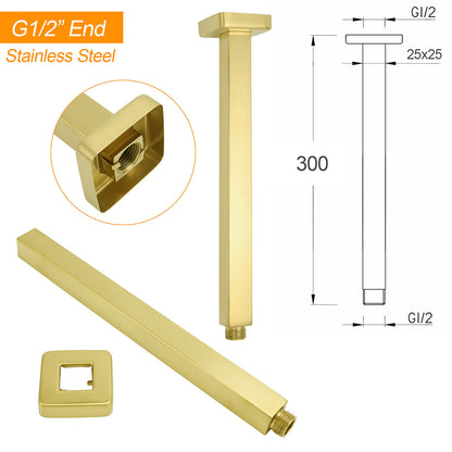 Brushed Gold Square 30cm Shower Bath Component Brass Ceiling Extension Dropper Arm - Image 2