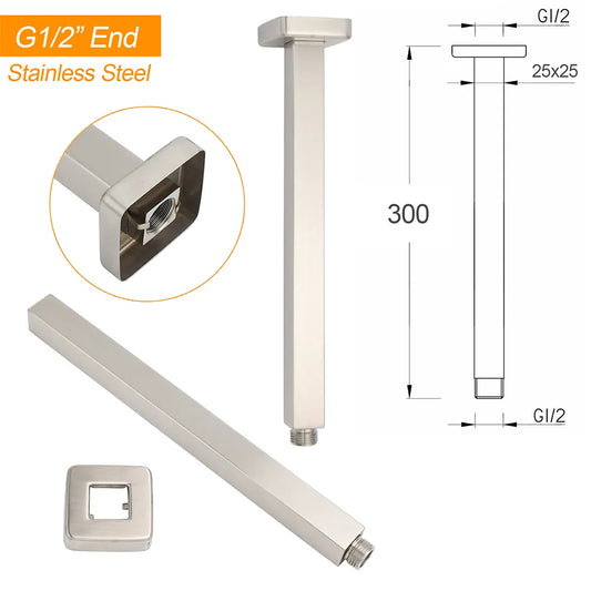 Brushed Nickel Square 12" Rain Shower Head 300mm Brass Ceiling Dropper Arm Set - Image 3