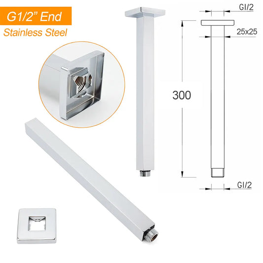 WELS 16" Rainfall Shower Head 300mm Ceiling Dropper Extension Arm Chrome Square Set - Image 3