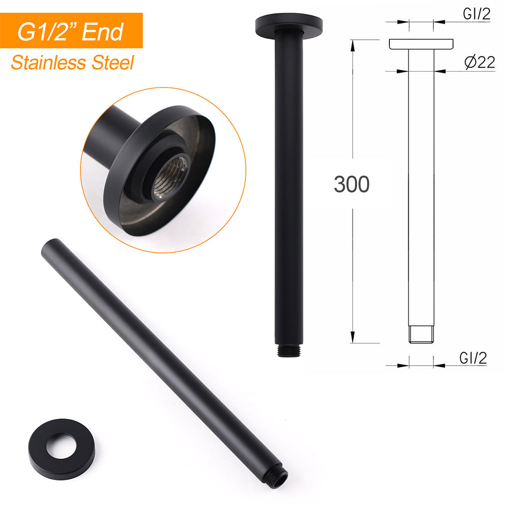 Matt Black Round 16" Extra Large Rain Shower Head 300mm Ceiling Dropper Arm Set - Image 3