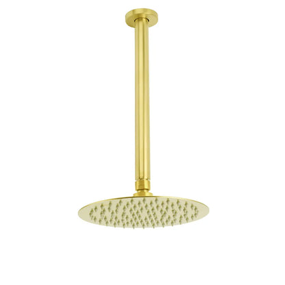 Brushed Gold 8" Round Thin Shower Rain Head 300mm Ceiling Dropper Arm Bath Set