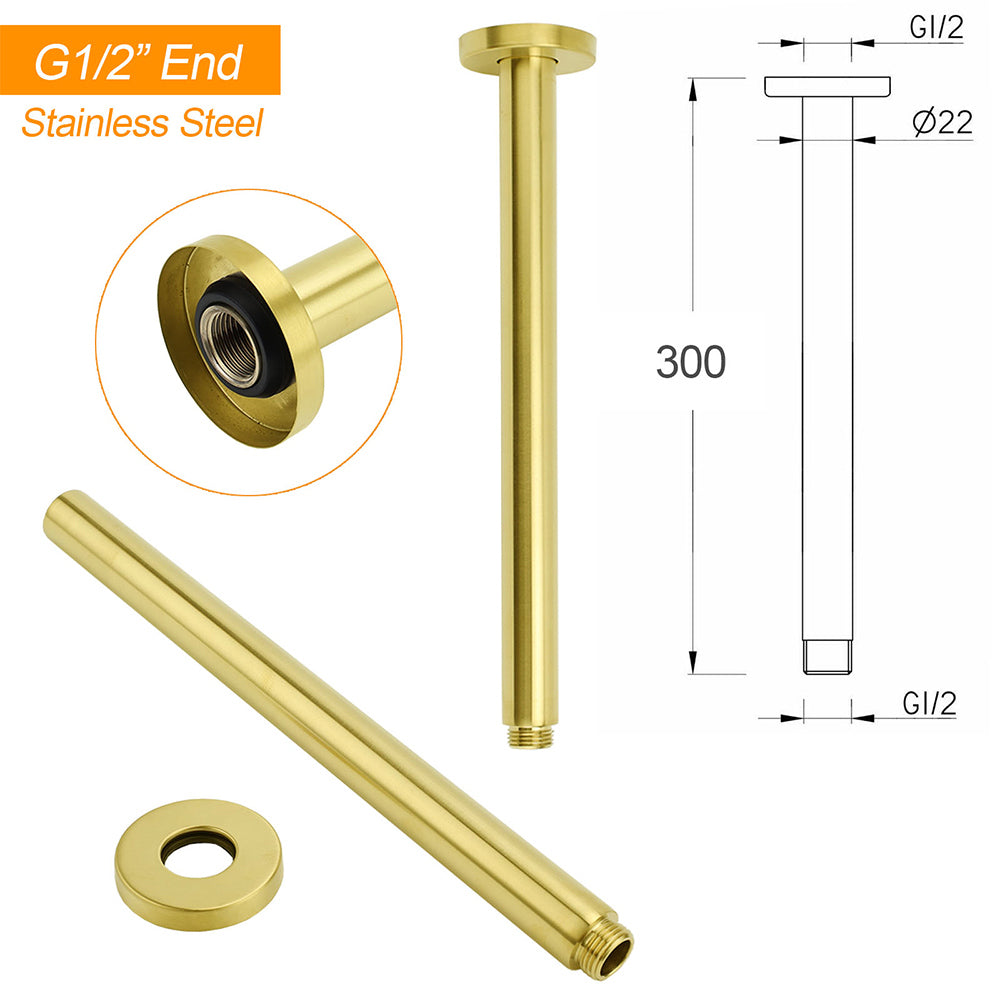WELS 16" Round Stainless Steel Shower Head Extension Ceiling Arm Set Brushed Gold - Image 4