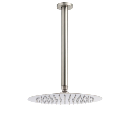 Brushed Nickel Round 10" Shower Rain Head + 300mm Brass Ceiling Dropper Arm Set