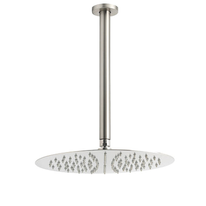 Brushed Nickel Round 12" Shower Rain Head + 300mm Brass Ceiling Dropper Arm Set