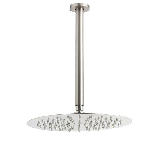 Brushed Nickel Round 12" Shower Rain Head + 300mm Brass Ceiling Dropper Arm Set