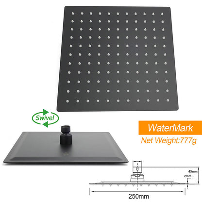 WELS Matt Black 10" Square Thin Rain Shower Head Brass Gooseneck Wall Arm Set - Image 4