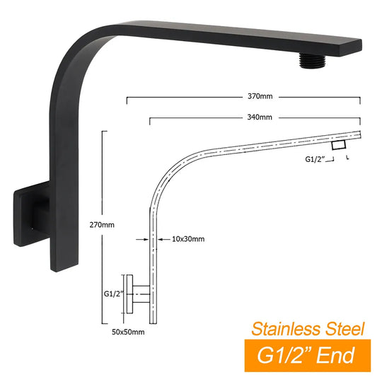 Matt Black 12" Square Large Thin Rain Shower Head Brass Gooseneck Wall Arm Watermark - Image 2