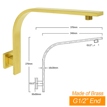 WELS Brushed Gold Square 8" Slim Rain Shower Head Brass Wall Gooseneck Arm Set - Image 2