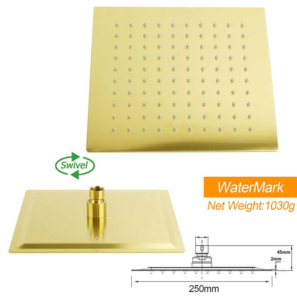 WELS Brushed Gold 10" Square SUS Shower Head + Brass Gooseneck Wall Arm Set - Image 3