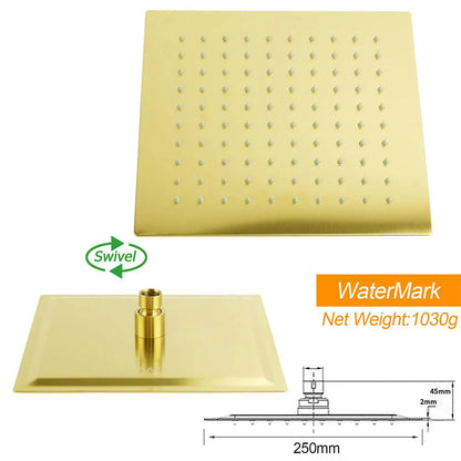 WELS Brushed Gold 10" Square SUS Shower Head + Brass Gooseneck Wall Arm Set - Image 4