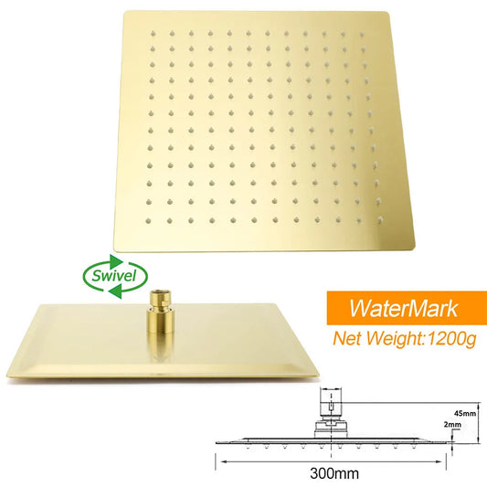 WELS Brushed Gold 12" Square SUS Shower Head + Brass Gooseneck Wall Arm Set - Image 4