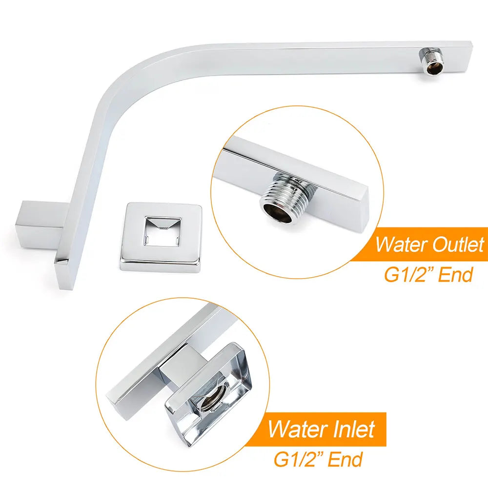 WELS Chrome Square 10" Thin Rainfall Shower Head + Brass Gooseneck Wall Arm Set - Image 3