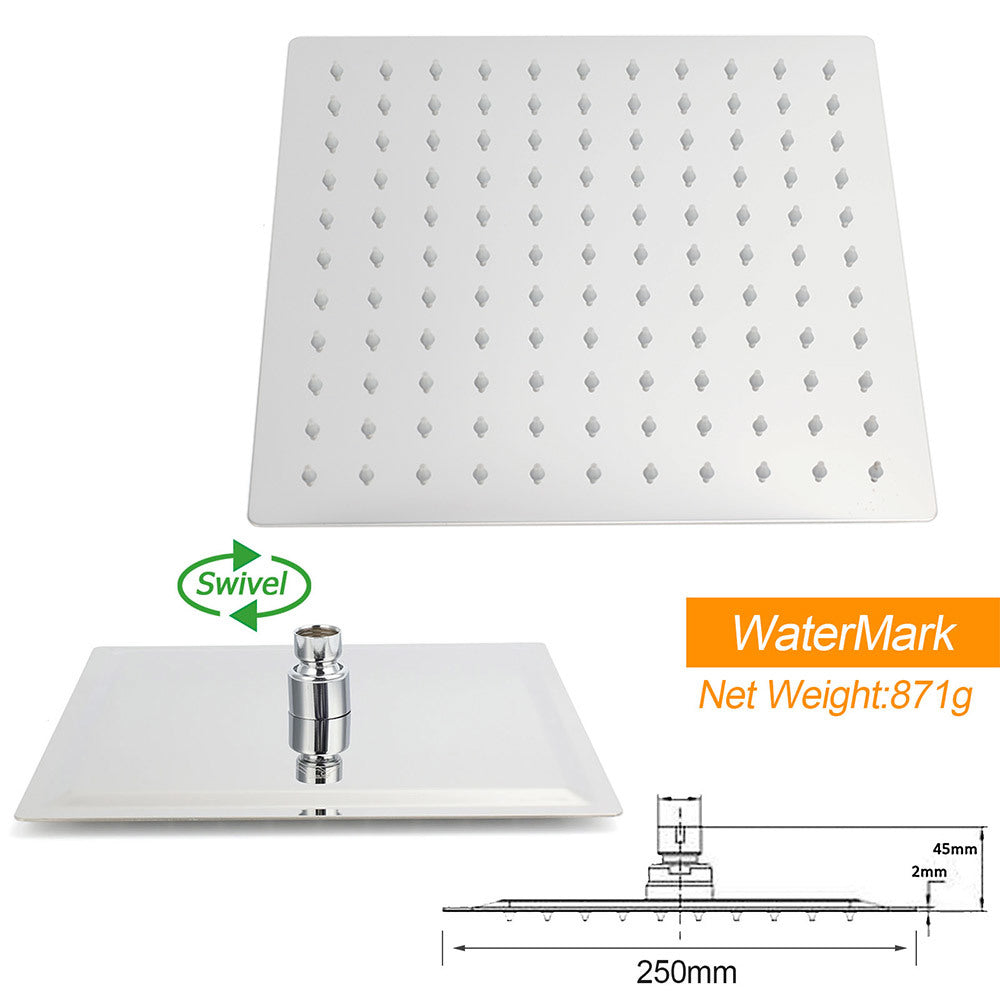 WELS Chrome Square 10" Thin Rainfall Shower Head + Brass Gooseneck Wall Arm Set - Image 4