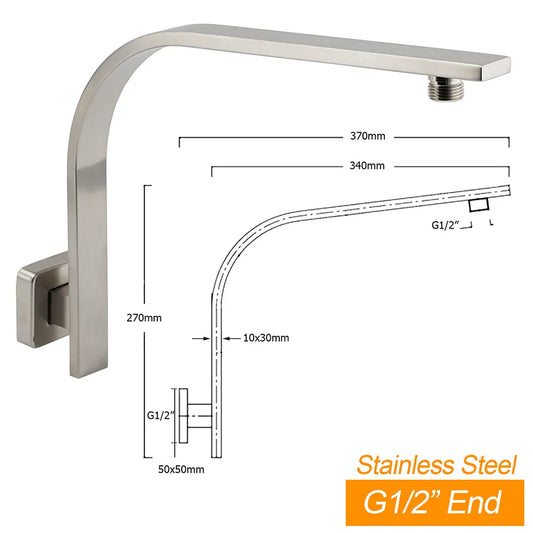 Brushed Nickel Silver Square 10" Rain Shower Head & Brass Gooseneck Wall Arm Set - Image 2