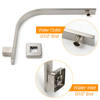 Brushed Nickel Silver Square 12" Rain Shower Head & Brass Gooseneck Wall Arm Set - Image 3