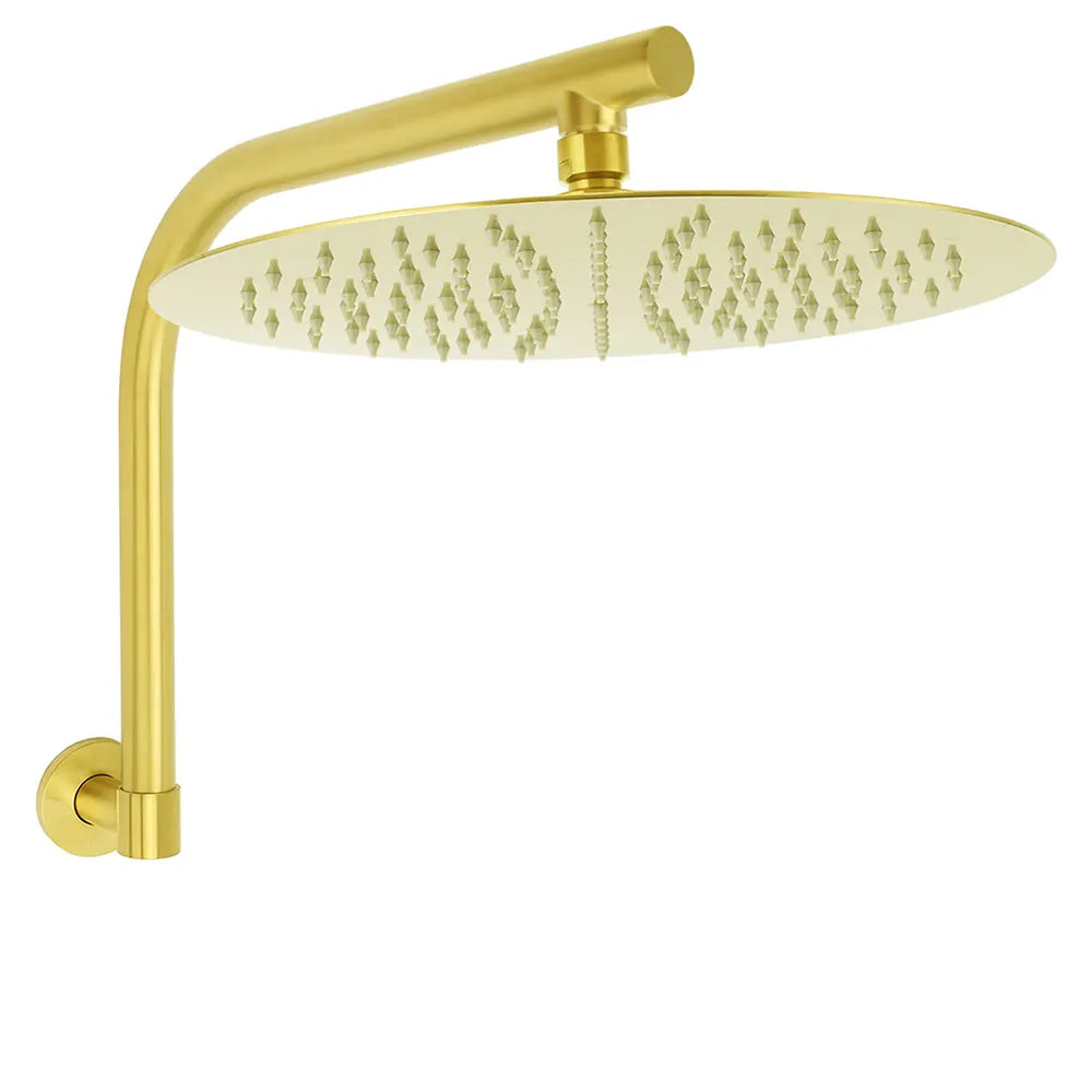 Brushed Gold Round 12 Inch Rain Shower Head Swivel Brass Gooseneck Wall Arm Set
