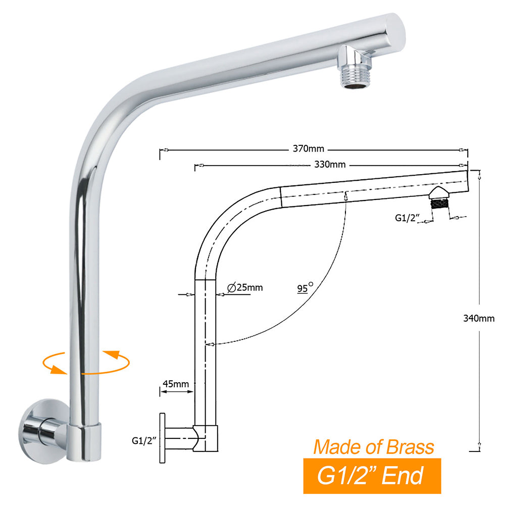 WELS 8" Round Rainfall Shower Head + 360° Swivel Gooseneck Wall Arm Set - Image 2
