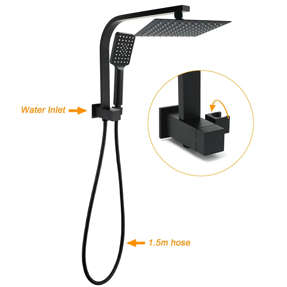 WELS Matt Black 8" Shower Head 3 Modes Handheld Gooseneck Arm Square 2in1 Set Twin Taps - Image 2
